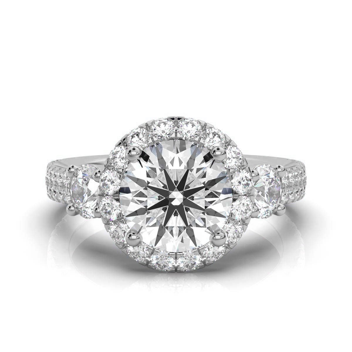950 Platinum 2ct Round Natural Diamond Three Stone Halo Engagement Ring