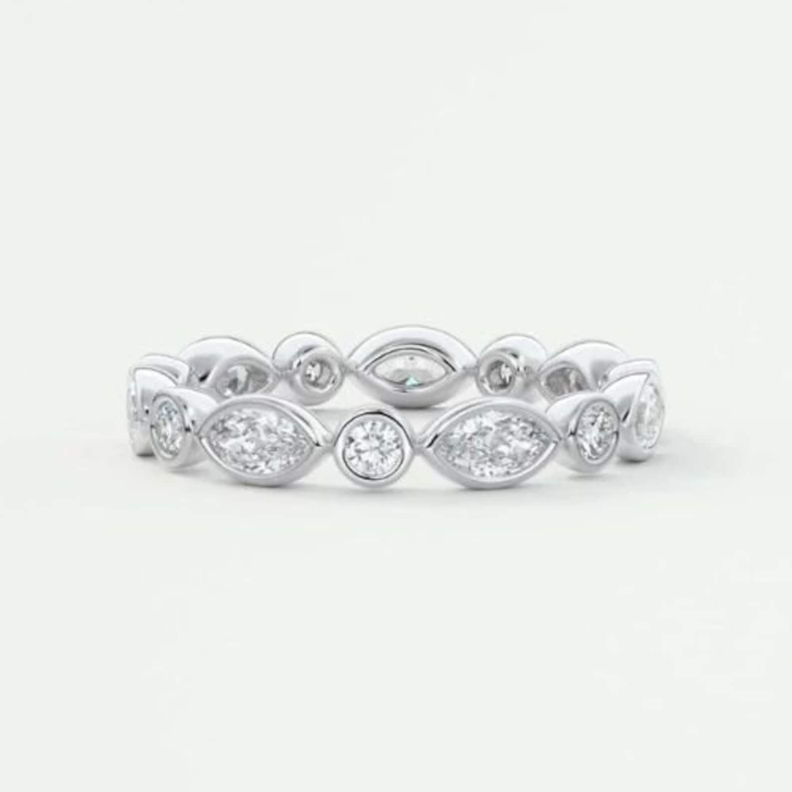 950 Platinum 0.91ct Marquise & Round Brilliant Natural Diamond Bezel Set Eternity Band