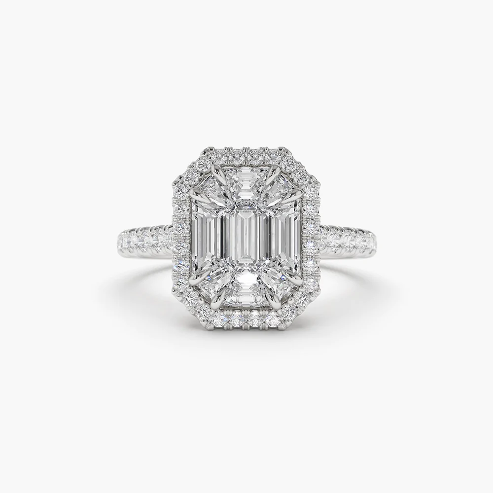 400548_9f7c880338df40b1b119739a1e1cf0a6mv2.webp 950 Platinum 0.98Ct Emerald Cut Natural Diamond Illusion Halo Setting Engagement Ring - Image 1