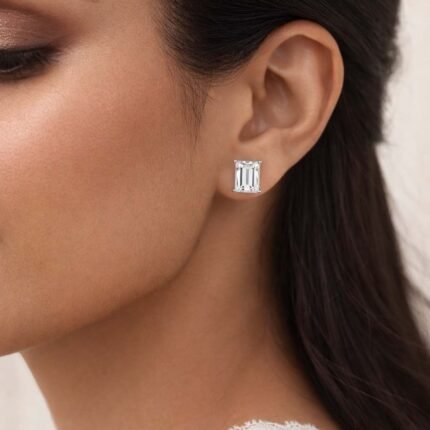 Emerald Cut Diamond Solitaire Stud Earrings in 950 Platinum with Classic Prong Setting