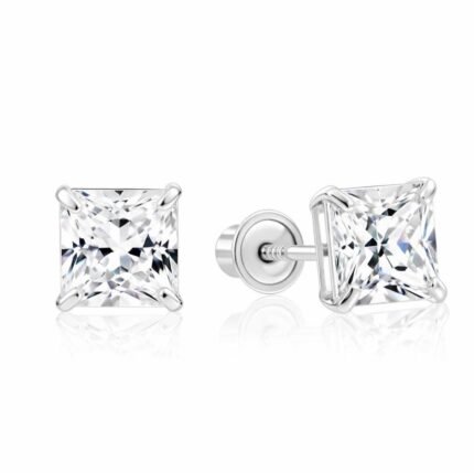 Princess Cut Diamond Stud Earrings in 950 Platinum with Secure Screw Back Setting