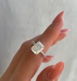 Crushed Ice Radiant Cut 3.20 CT Moissanite Diamond Solitaire Engagement Ring in 950 Platinum with Accent Moissanite Diamond Setting