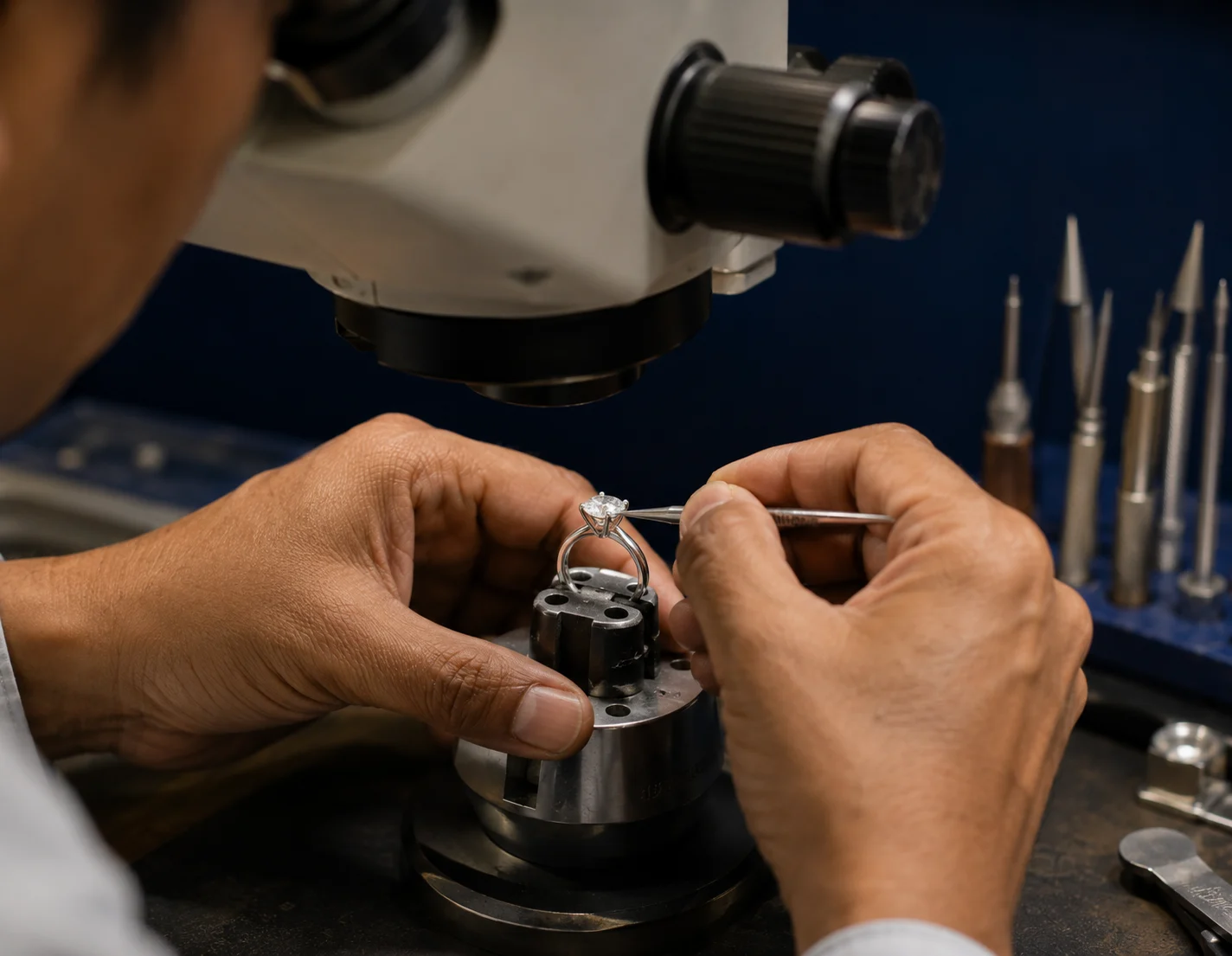 Jeweller working on a platinum diamond ring under magnification