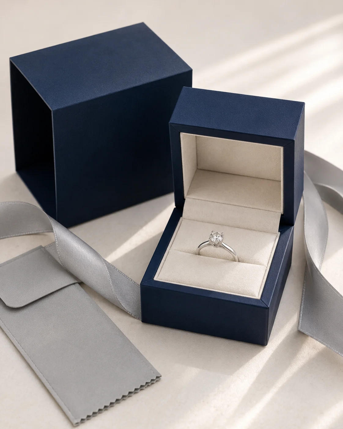 Platinum engagement ring presented in deep blue Platifine packaging